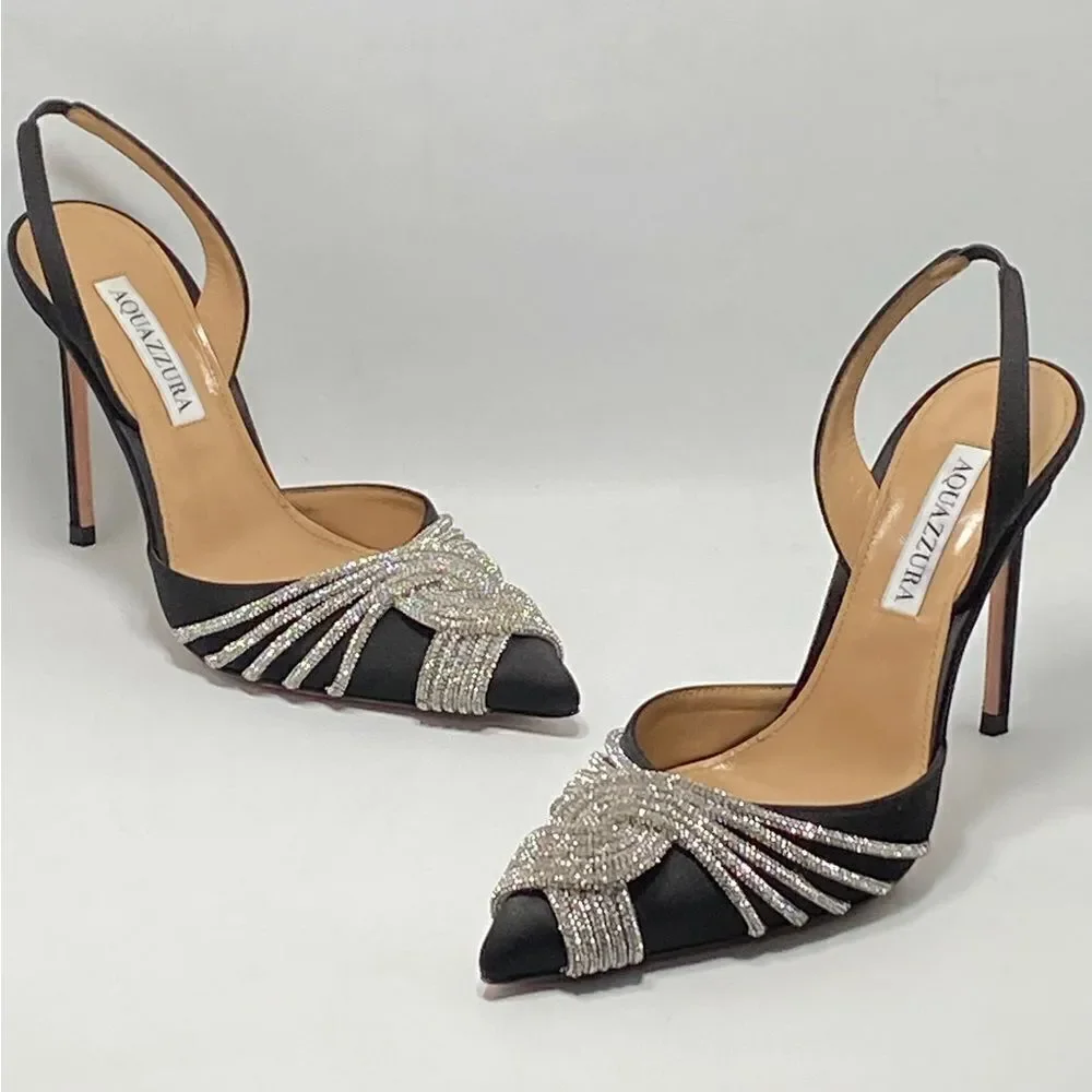 Aquazzura Gatsby Crystal-Embellished Satin Pumps size 37 - Picture 3 of 14